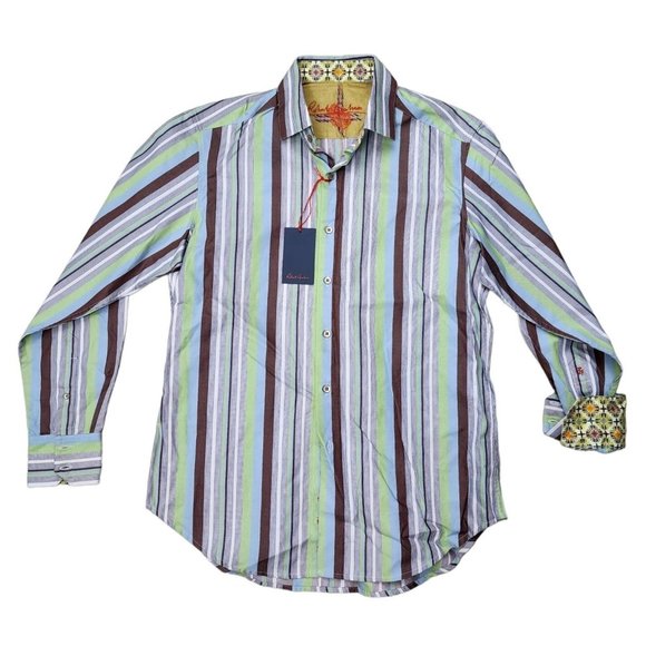 Robert Graham NWT Stripe Shirt Brown Blue Green Button Contrast Small - Picture 1 of 3